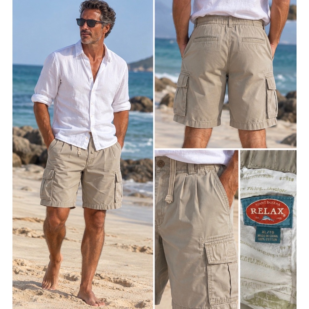 Tommy Bahama Relax Mens XL Khaki Tan Cotton Elastic Waist Cargo Shorts Pleated